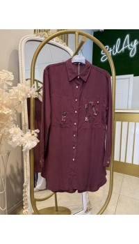 TAŞ İŞLEMELİ TENSEL GÖMLEK BORDO