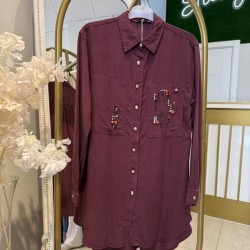 TAŞ İŞLEMELİ TENSEL GÖMLEK BORDO