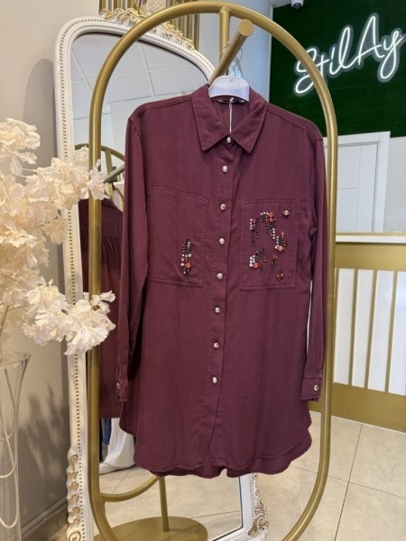 TAŞ İŞLEMELİ TENSEL GÖMLEK BORDO