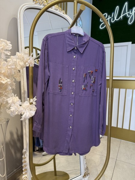 TAŞ İŞLEMELİ TENSEL GÖMLEK MOR