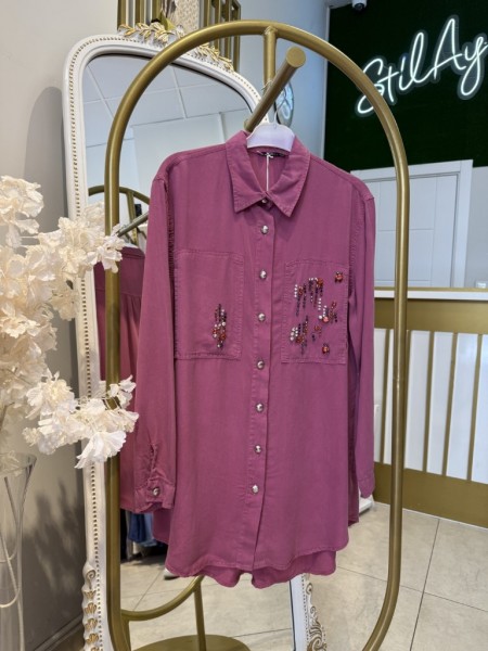 TAŞ İŞLEMELİ TENSEL GÖMLEK MÜRDÜM