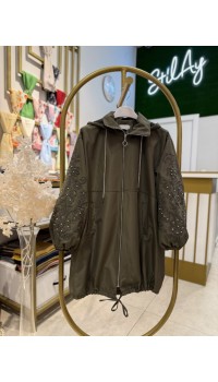 TAŞLI VE NAKIŞ DETAYLI KAPÜŞONLU KAP HAKİ 