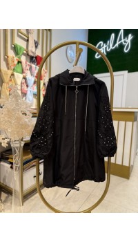 TAŞLI VE NAKIŞ DETAYLI KAPÜŞONLU KAP SİYAH
