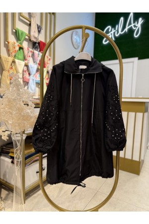 TAŞLI VE NAKIŞ DETAYLI KAPÜŞONLU KAP SİYAH