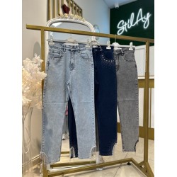 TAŞLI ZİNCİR DETAYLI KOT PANTOLON AÇIK MAVİ