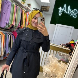 VESPA TAŞ İNCİ YAKALI GÖMLEK SİYAH