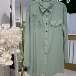 YAPRAK DESENLİ TAŞLI TENSEL GÖMLEK MİNT YEŞİLİ