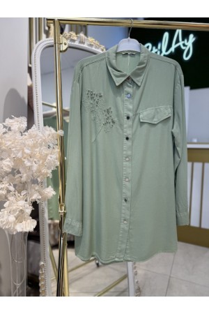 YAPRAK DESENLİ TAŞLI TENSEL GÖMLEK MİNT YEŞİLİ