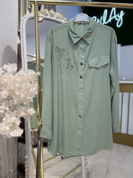 YAPRAK DESENLİ TAŞLI TENSEL GÖMLEK MİNT YEŞİLİ