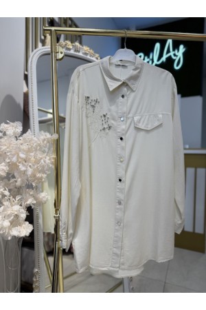 YAPRAK DESENLİ TAŞLI TENSEL GÖMLEK EKRU