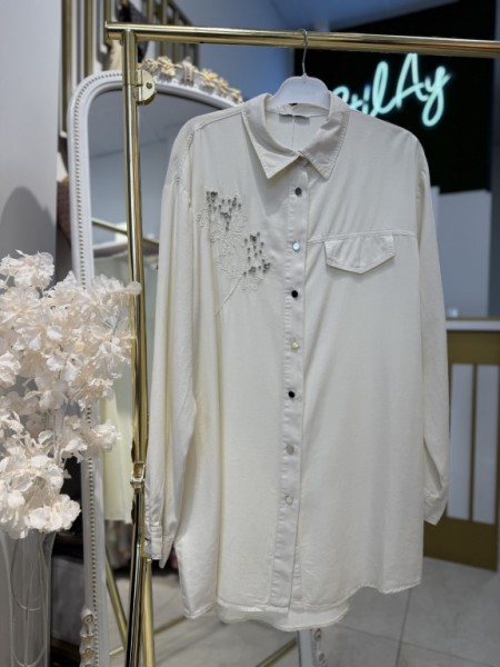 YAPRAK DESENLİ TAŞLI TENSEL GÖMLEK EKRU