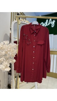 YAPRAK DESENLİ TAŞLI TENSEL GÖMLEK BORDO