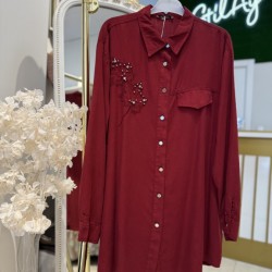 YAPRAK DESENLİ TAŞLI TENSEL GÖMLEK BORDO