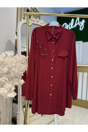 YAPRAK DESENLİ TAŞLI TENSEL GÖMLEK BORDO