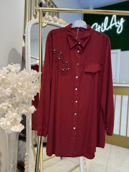 YAPRAK DESENLİ TAŞLI TENSEL GÖMLEK BORDO