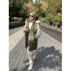 PELUŞ KAPŞON DETAYLI ŞİŞME YELEK HAKİ 