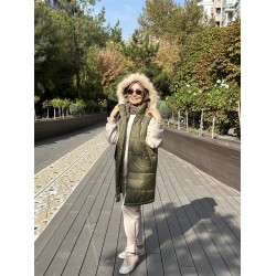 PELUŞ KAPŞON DETAYLI ŞİŞME YELEK HAKİ 