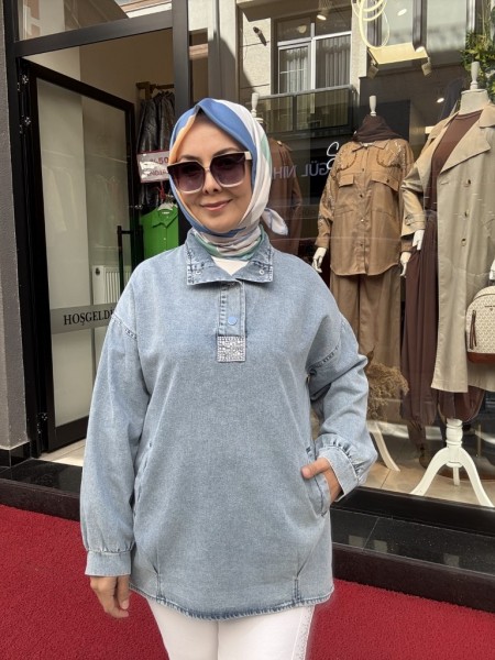 ÇITÇITLI TAŞ DETAYLI KOT TUNİK AÇIK MAVİ