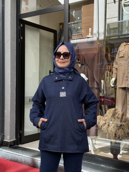 ÇITÇITLI TAŞ DETAYLI KOT TUNİK LACİVERT