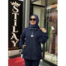 ÇITÇITLI TAŞ DETAYLI KOT TUNİK LACİVERT