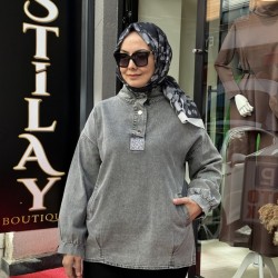 ÇITÇITLI TAŞ DETAYLI KOT TUNİK GRİ