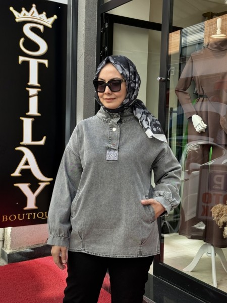 ÇITÇITLI TAŞ DETAYLI KOT TUNİK GRİ