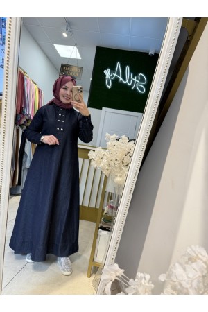 ÖNÜ ÇITÇITLI DENİM ELBİSE KOYU LACİVERT