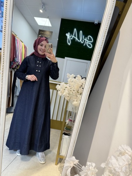 ÖNÜ ÇITÇITLI DENİM ELBİSE KOYU LACİVERT