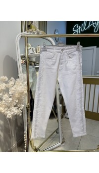 ŞERİT TAŞ DETAYLI KOT PANTOLON BEYAZ 