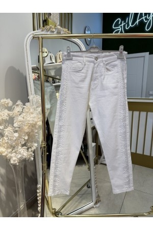 ŞERİT TAŞ DETAYLI KOT PANTOLON BEYAZ 