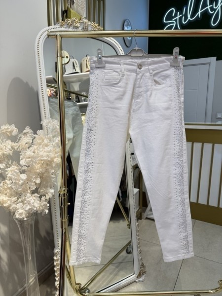 ŞERİT TAŞ DETAYLI KOT PANTOLON BEYAZ 